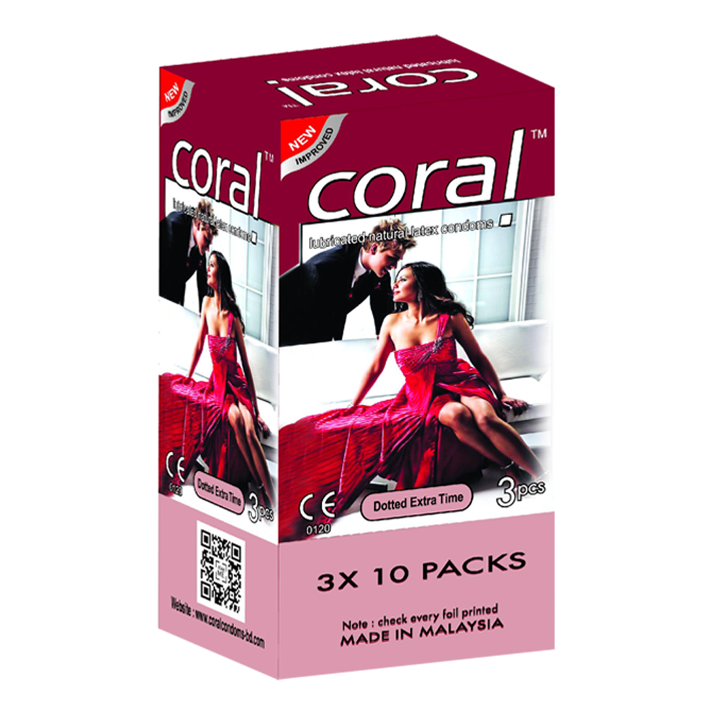 Pack of 30 Pcs Coral Dotted Extra Time Lubricated Natural Latex Condom