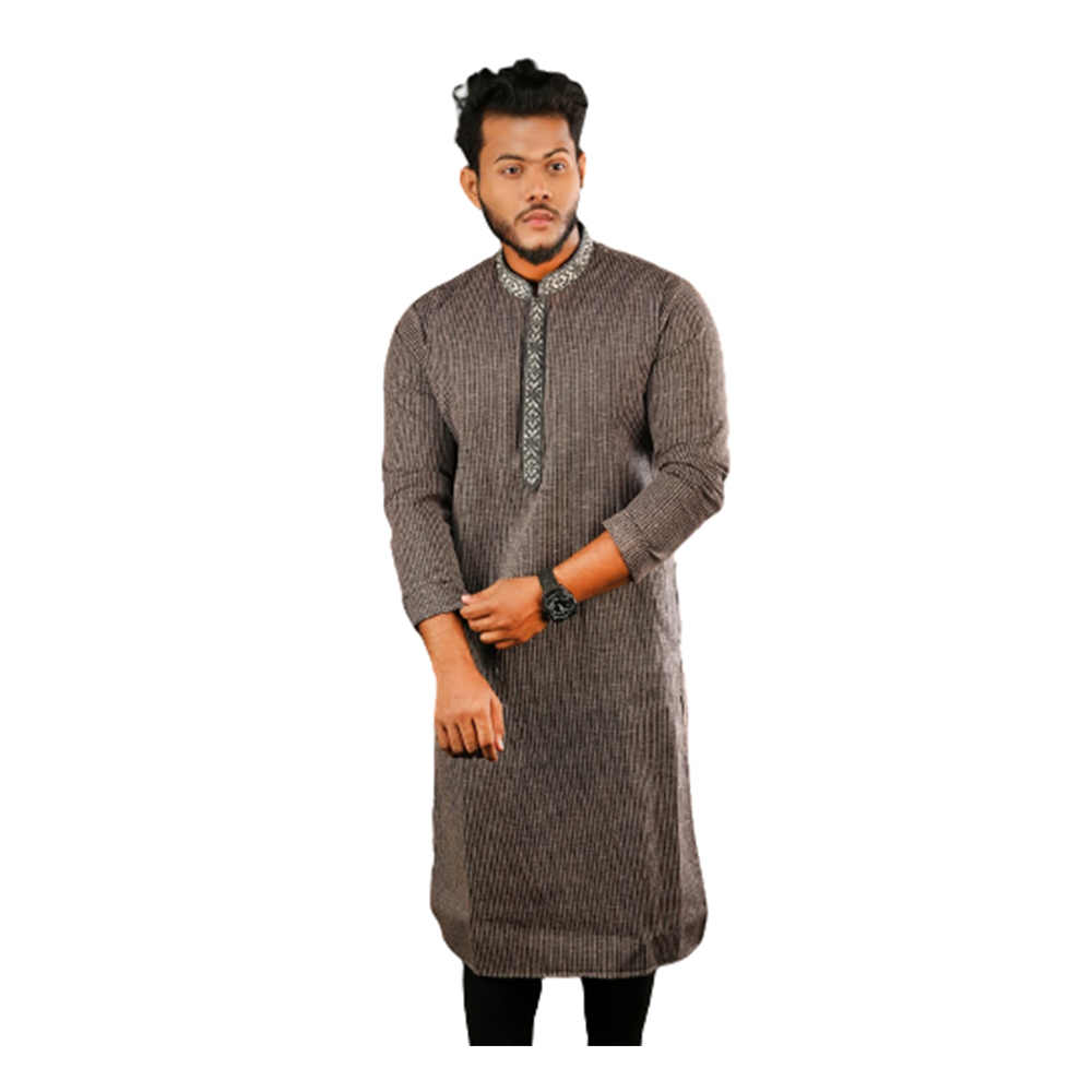 Embroidery Semi Long Panjabi For Men - Gray - PS-23