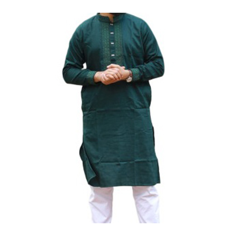 Tencel Cotton Embroidered Panjabi For Men - Battle Green