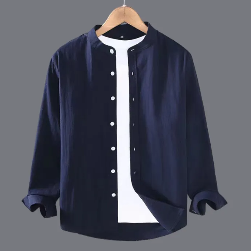 Cotton Full Sleeve Band Collar Casual Shirt For Men Navy Blue