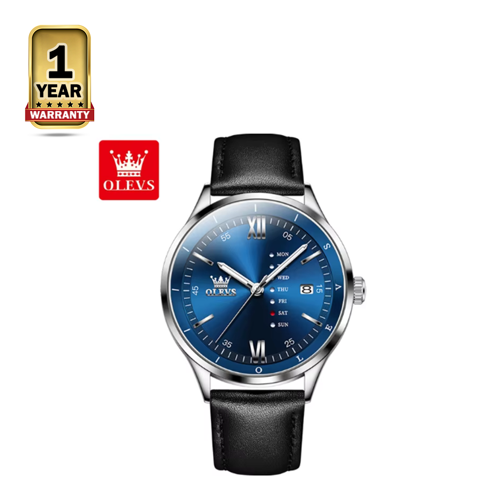 OLEVS 2931L PU Leather Analog Wrist Watch For Men - Black and Royal Blue