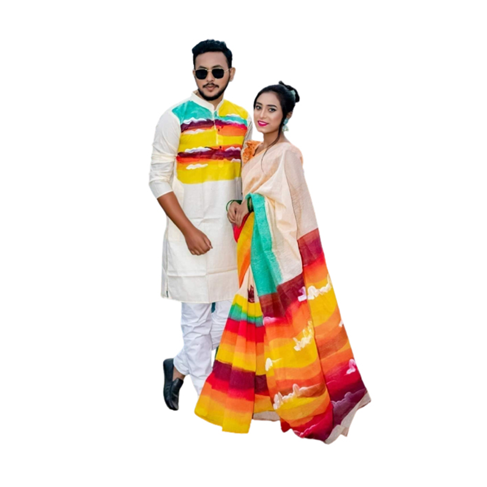 Half Silk Saree and Silk Cotton Panjabi Set For Couple - Multicolor - CS-44