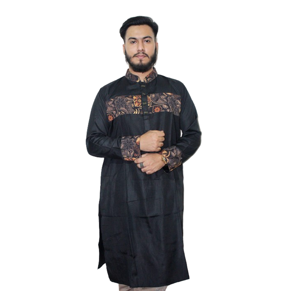 Dupion Silk Semi Long Panjabi For Men - Black