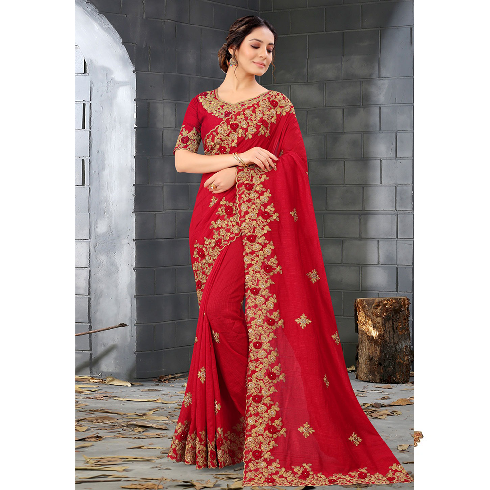 Indian Georgette Saree with Blouse Piece for Women - Red - HS-00025