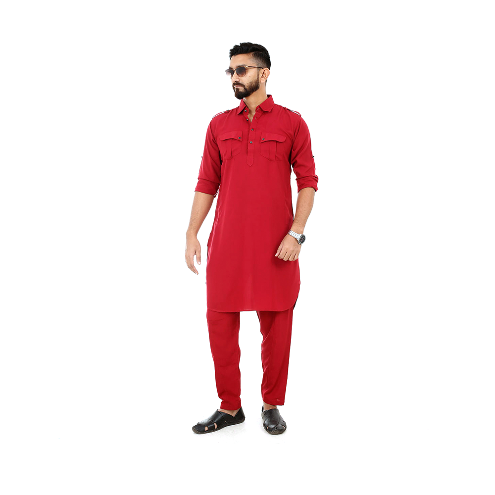 Red Linen Kabli Full Set For Men - FF1006