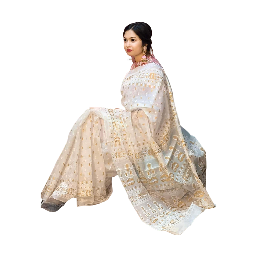 Half Silk Skin Print Saree for Women - White - SP-44