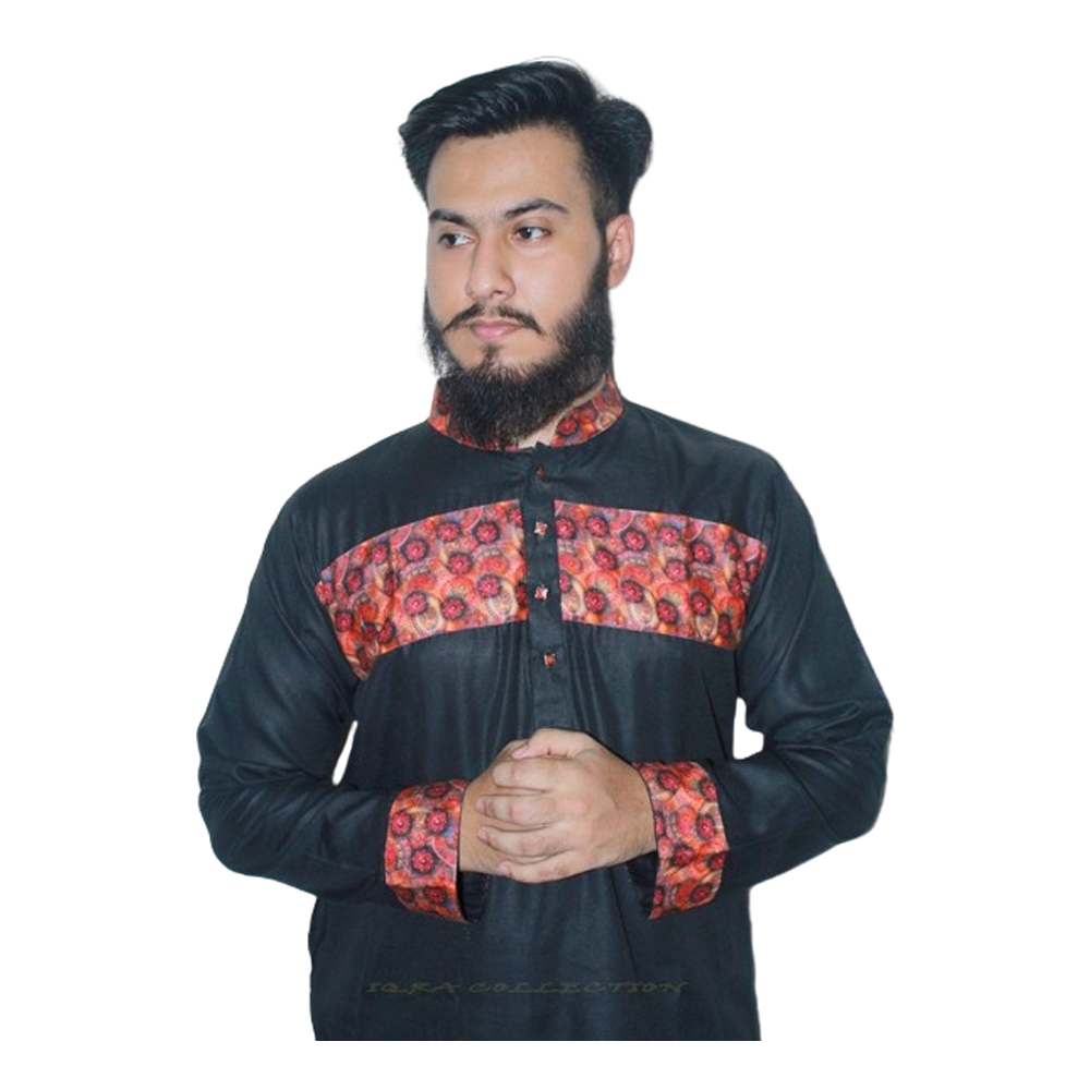 Dupion Silk Semi Long Panjabi For Men - Black