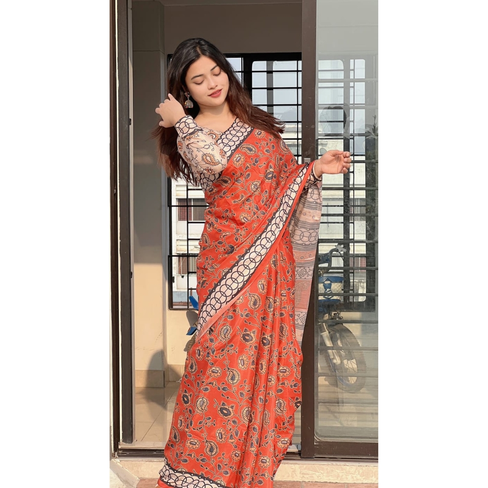 Digital Print Silk Sharee with Blouse Piece For Women - Multicolor