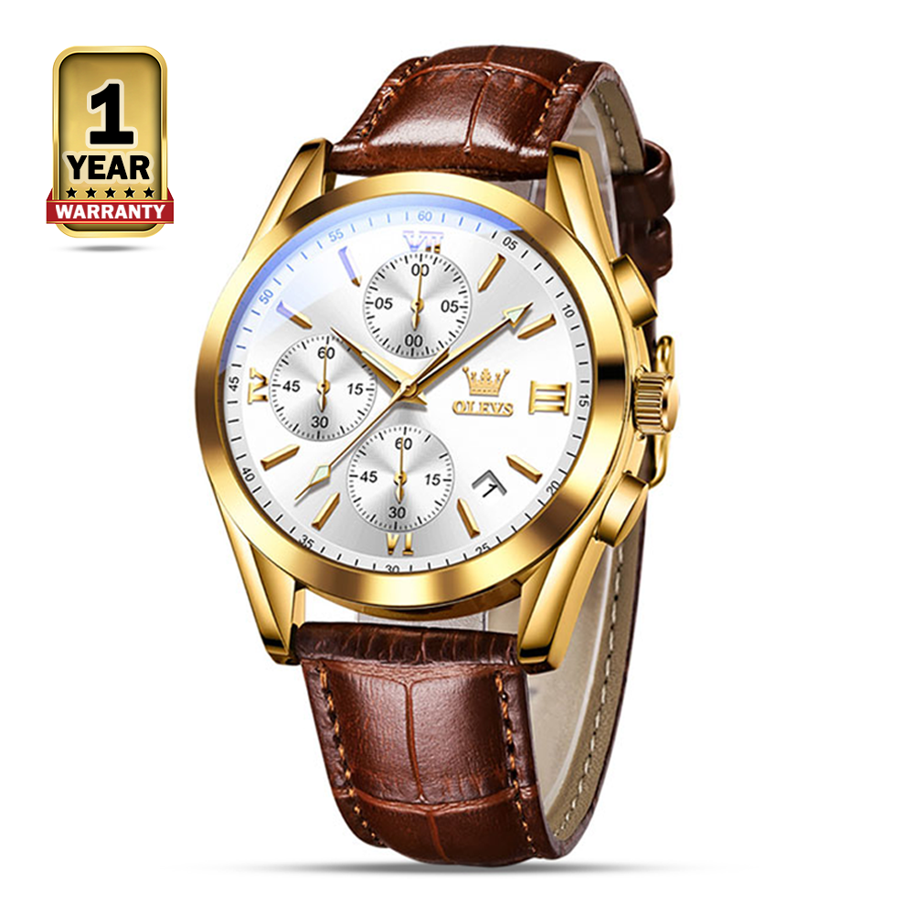 OLEVS 2872 Leather Quartz Watch For Men - Gold Brown And White