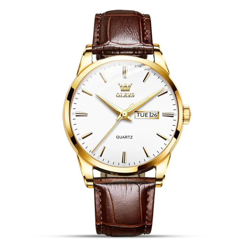 OLEVS 6898 Leather Analog Watch For Men - Brown And White