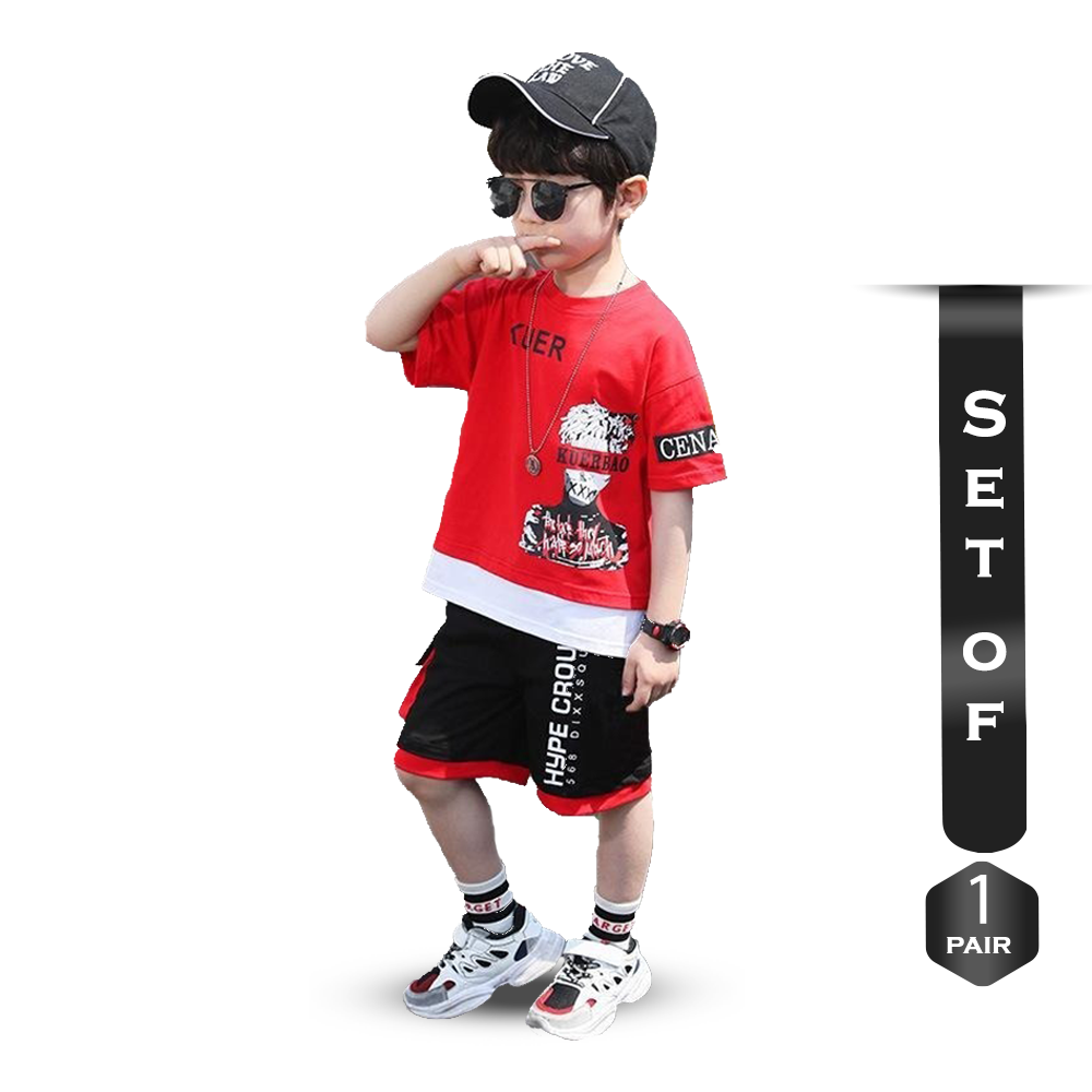 Set of Cotton Half Sleeve T-Shirt and Half Pant for Boys - Red and Black - BM-14