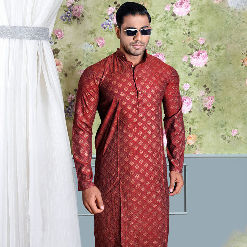 Mohnaz Cotton Semi Long Panjabi for Men - Maroon 