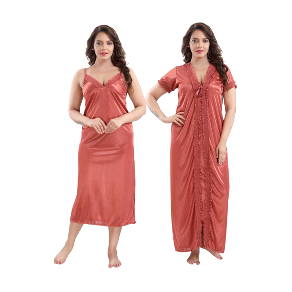 Satin 2 Part Night Wear For Women - Light Red - ND-11