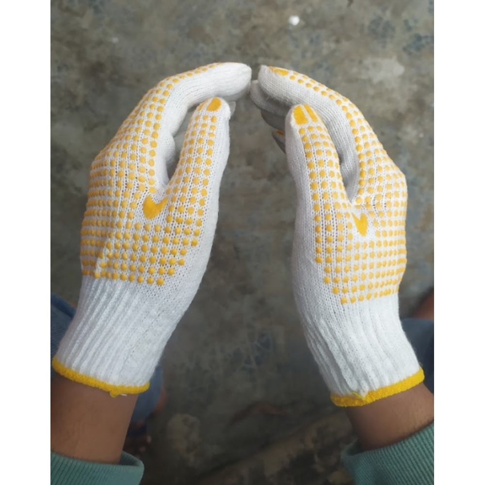 Knitted Cotton and PVC Dotted Hand Gloves - Yellow and White