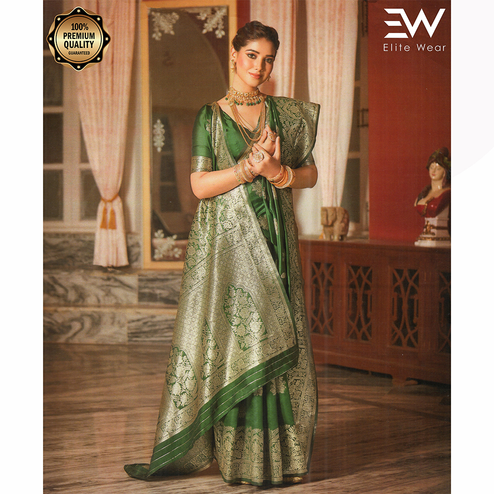 Gujrati Pure Handloom Katan Saree with Blouse Piece for Women - Dark Green - A-641 B