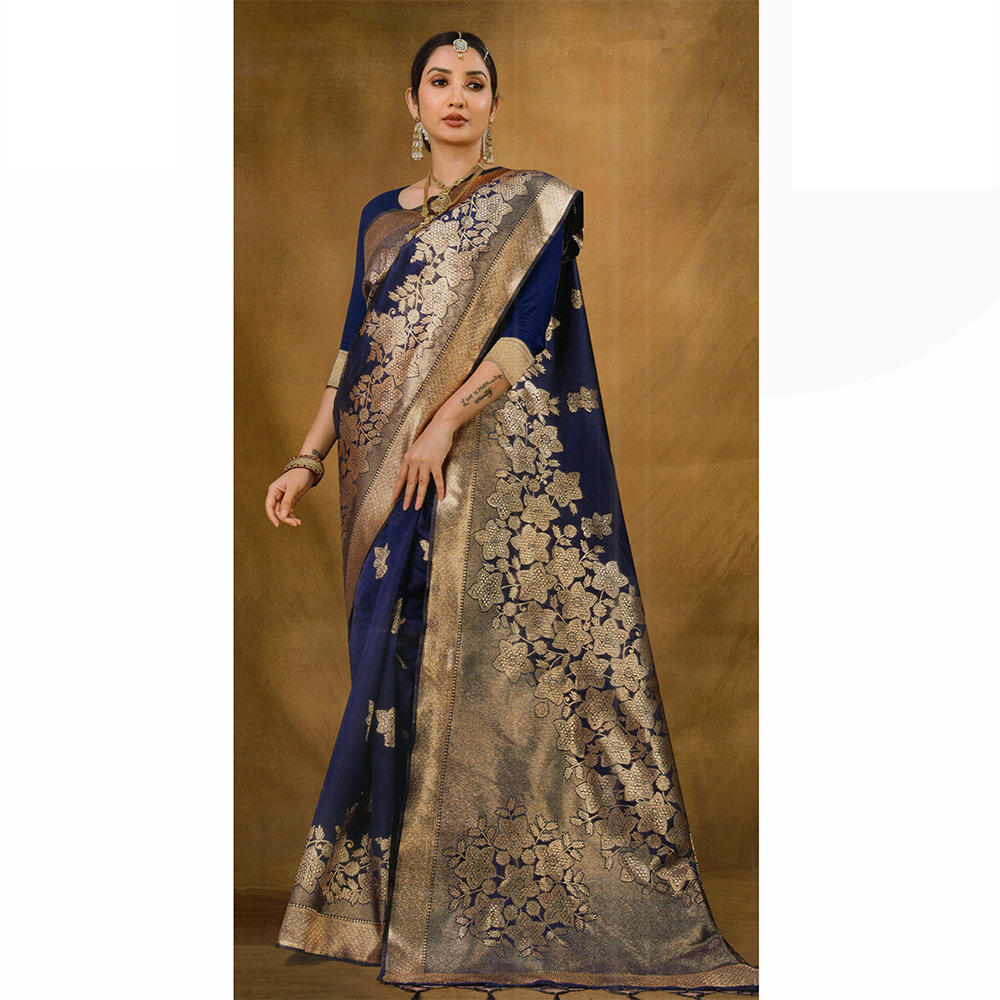 Gujrati Pure Handloom Katan Saree with Blouse Piece for Women - Royal Blue - A-646 C