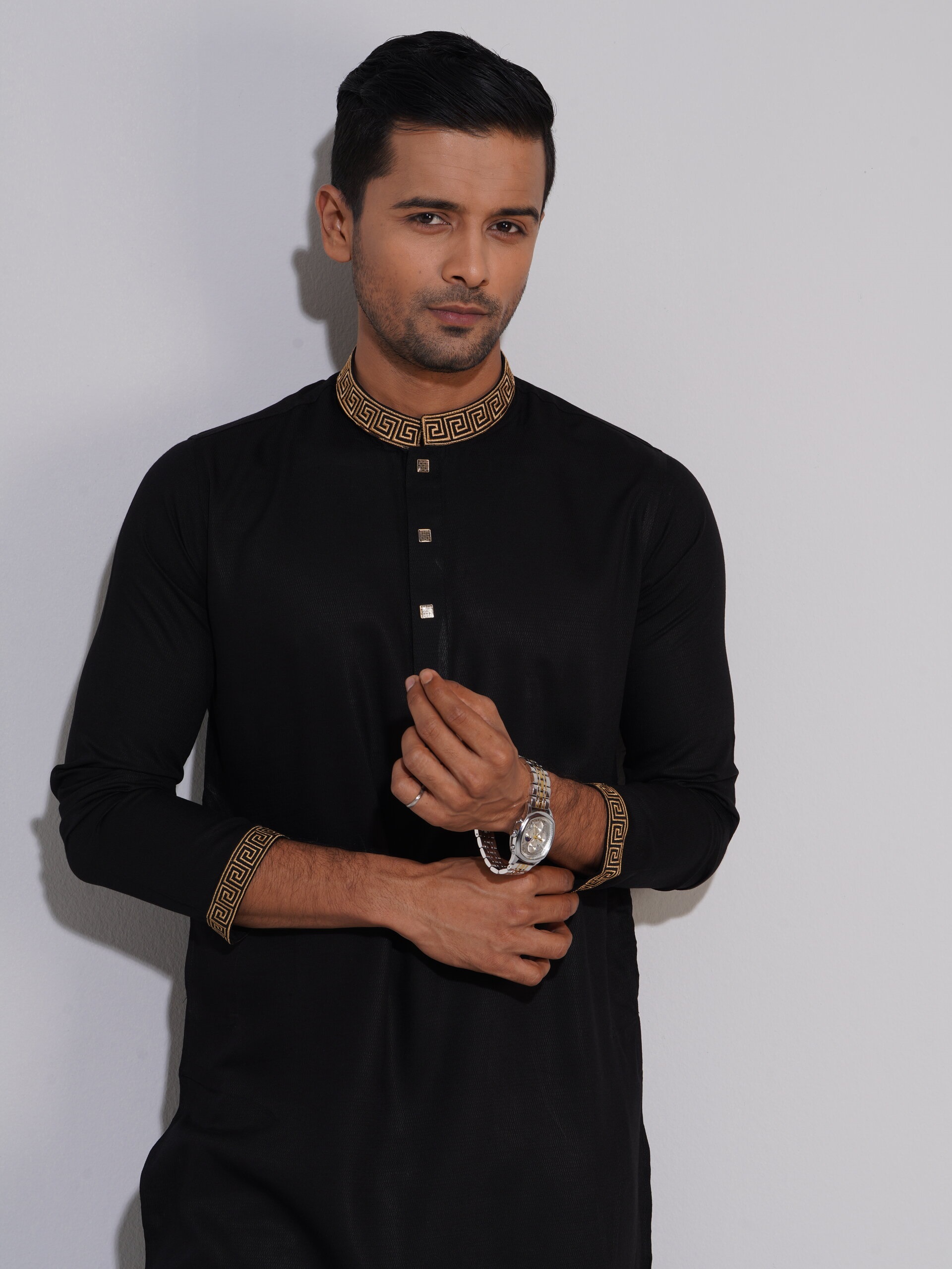 Aman Cotton Embroidery Panjabi for Men - Black - P15