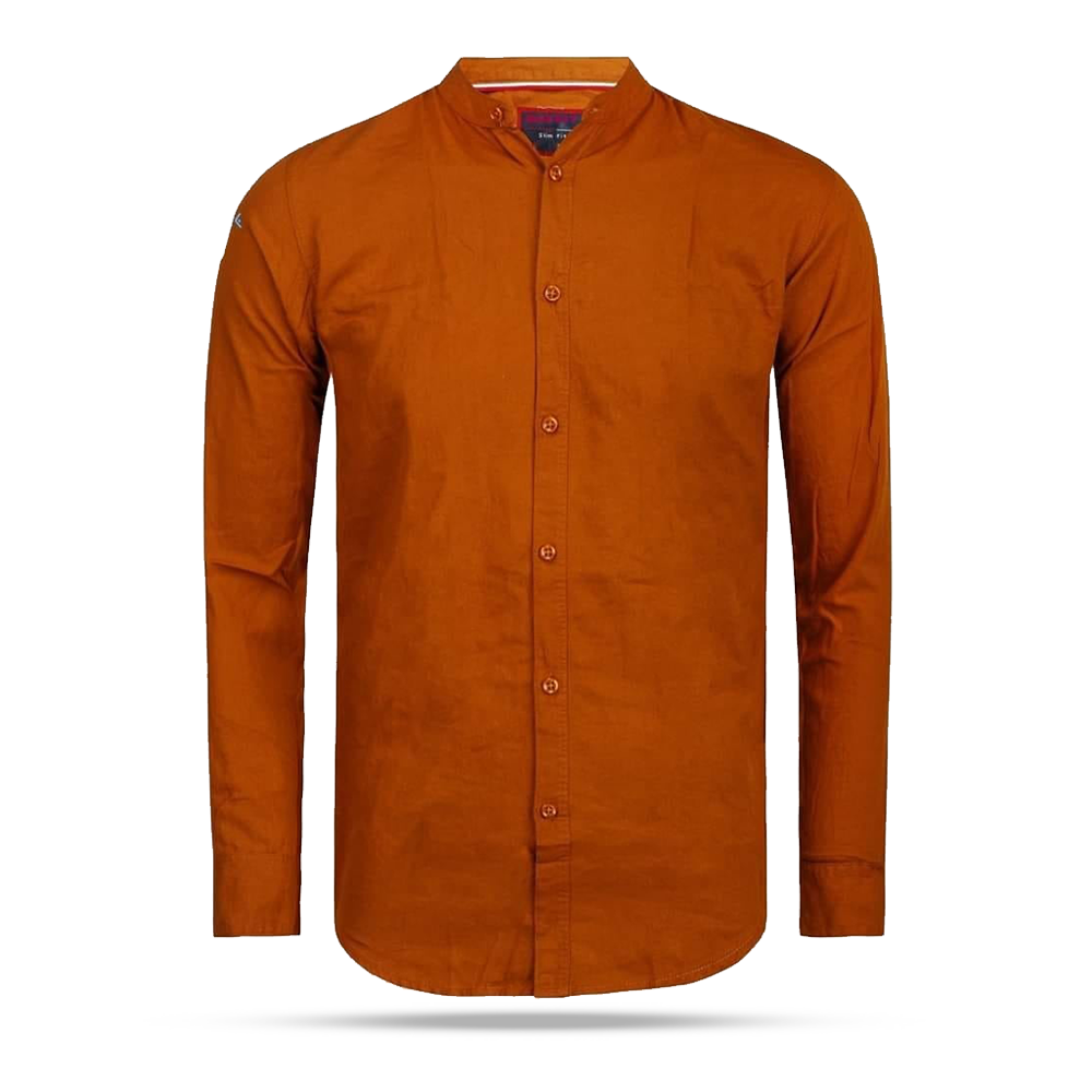 Oxford Cotton Full Sleeve Band Collar Shirt For Men - Orange - OP33