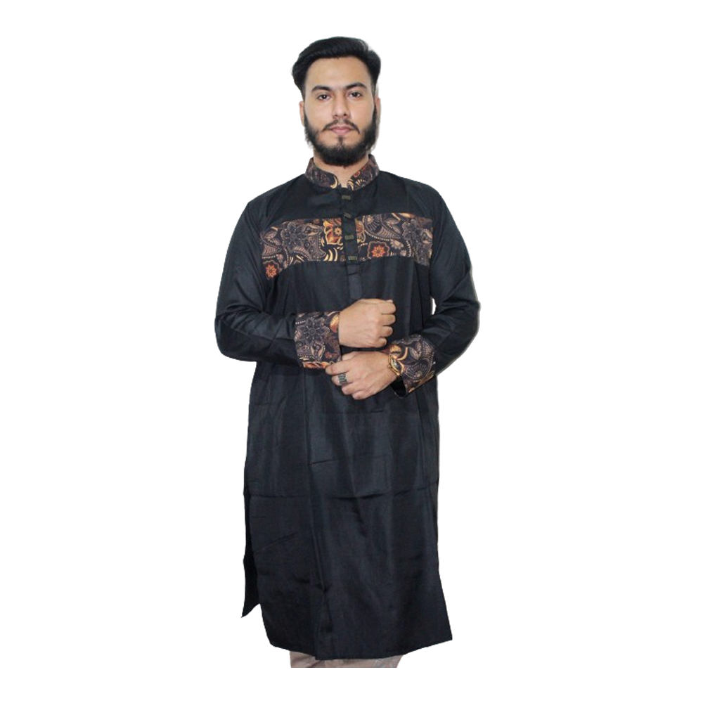 Dupion Silk Semi Long Panjabi For Men - Black