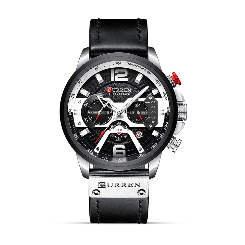 Curren 8329 PU Leather Wrist Watch for Men - Silver Black