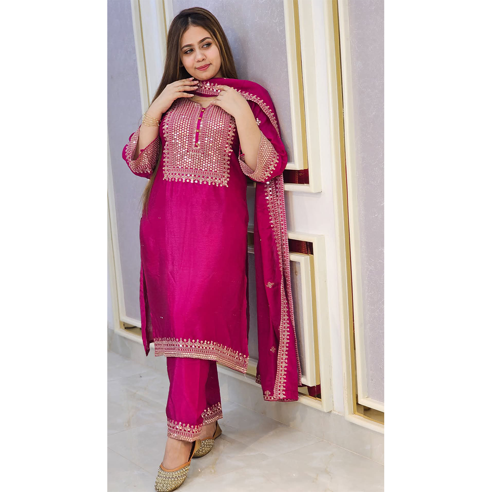 AC Cotton Unstitched Embroidery Salwar Kameez For Women - Pink - 3F-C1