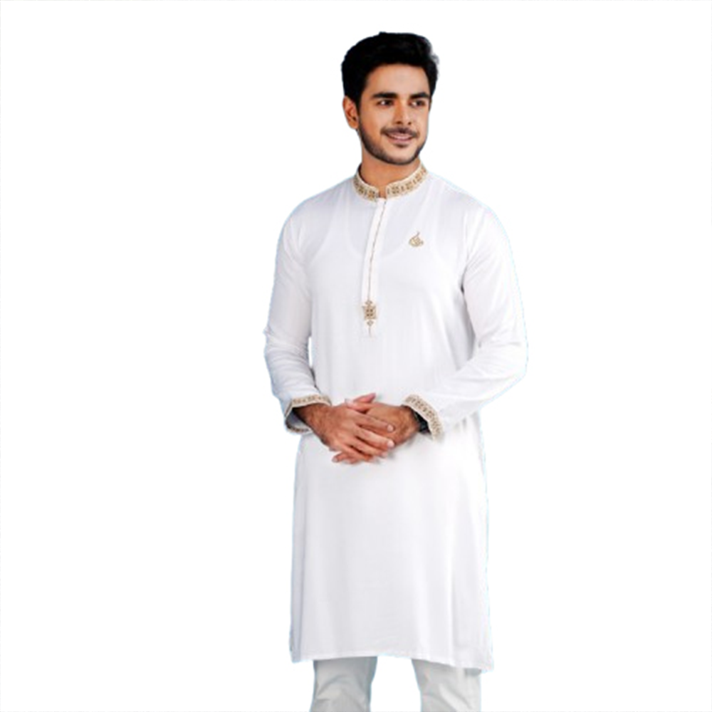 Cotton Embroidery Semi Long Panjabi For Men - White - PM-24