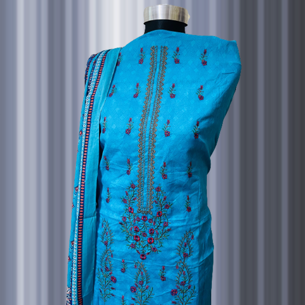 Unstitched Cotton Embroidery and Digital Print Salwar Kameez for Women - Blue - 02