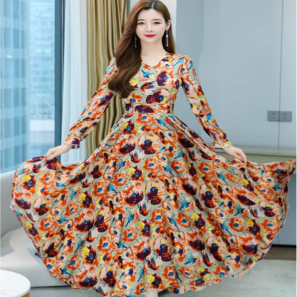 Linen Full Sleeve Digital Print Long Gown For Women - Multicolor - 1546
