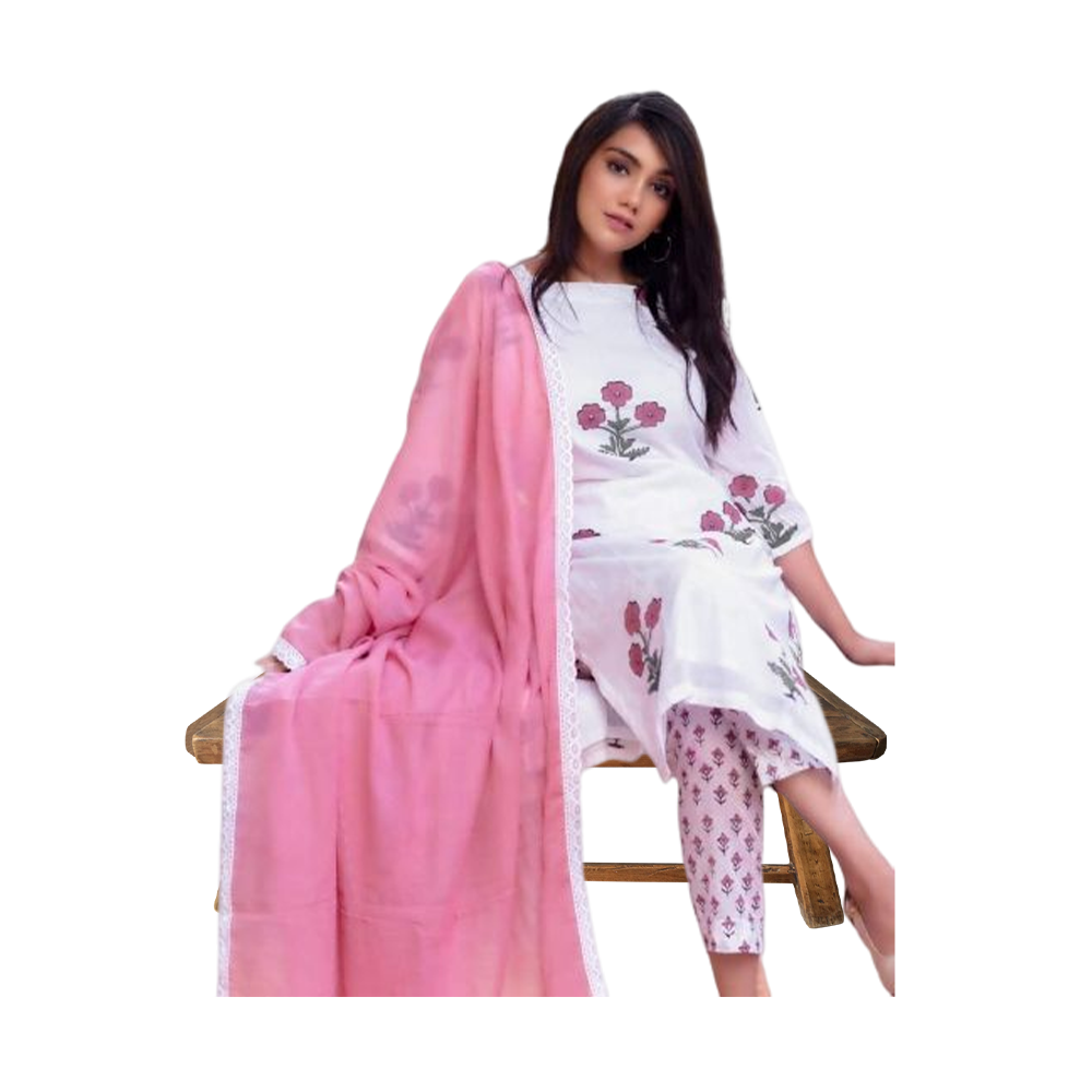 Unstitched Cotton Block Print Salwar kameez For Women - White - 3P-05