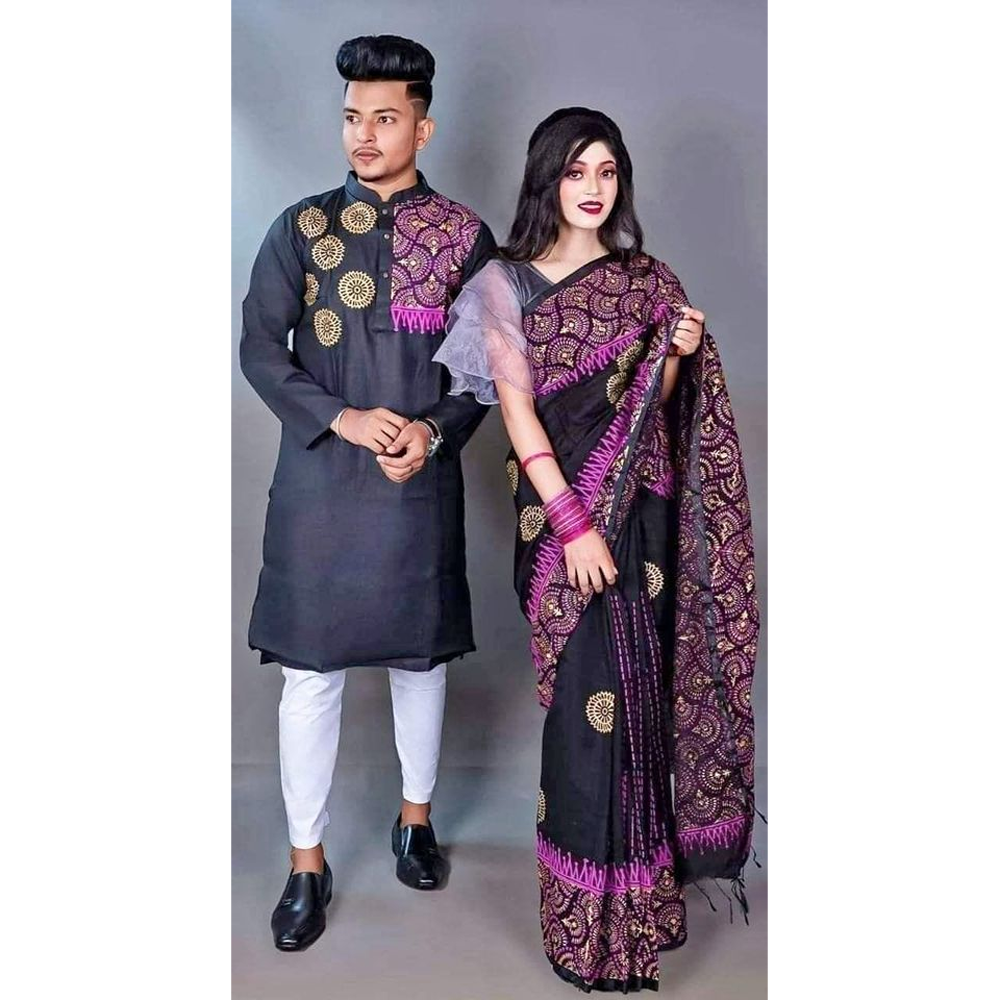 Half Silk Block Print Saree and Dhupian Cotton Panjabi Couple Set - Multicolor - 322