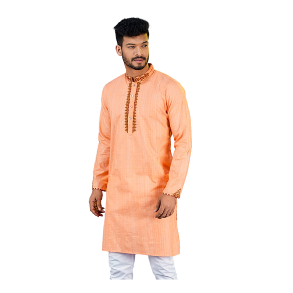 Cotton Digital Print Semi Long Embroidery Panjabi For Men - Salmon - PS-17