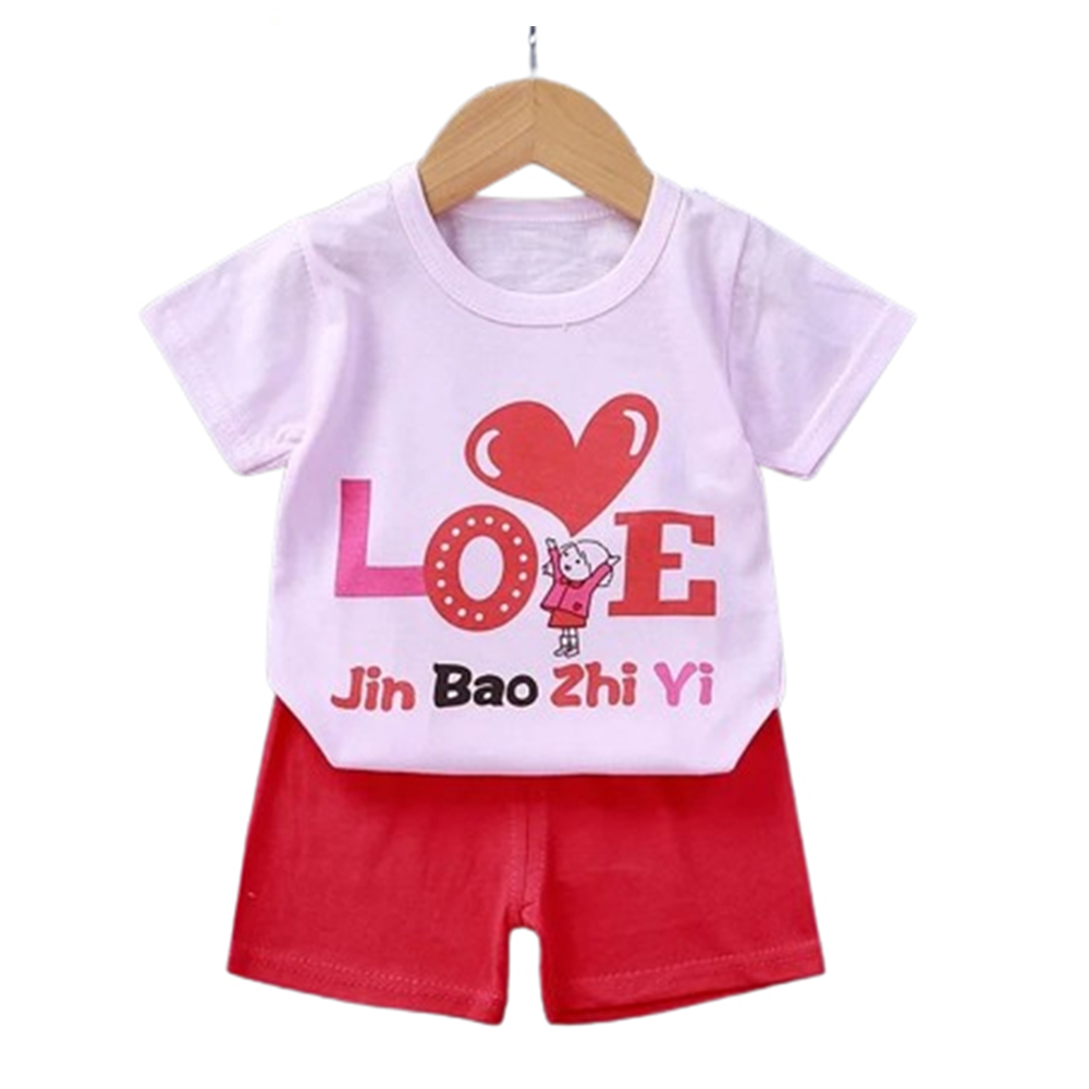 Cotton T-Shirt and Half Pant Set For Kids - Pink - BM-99