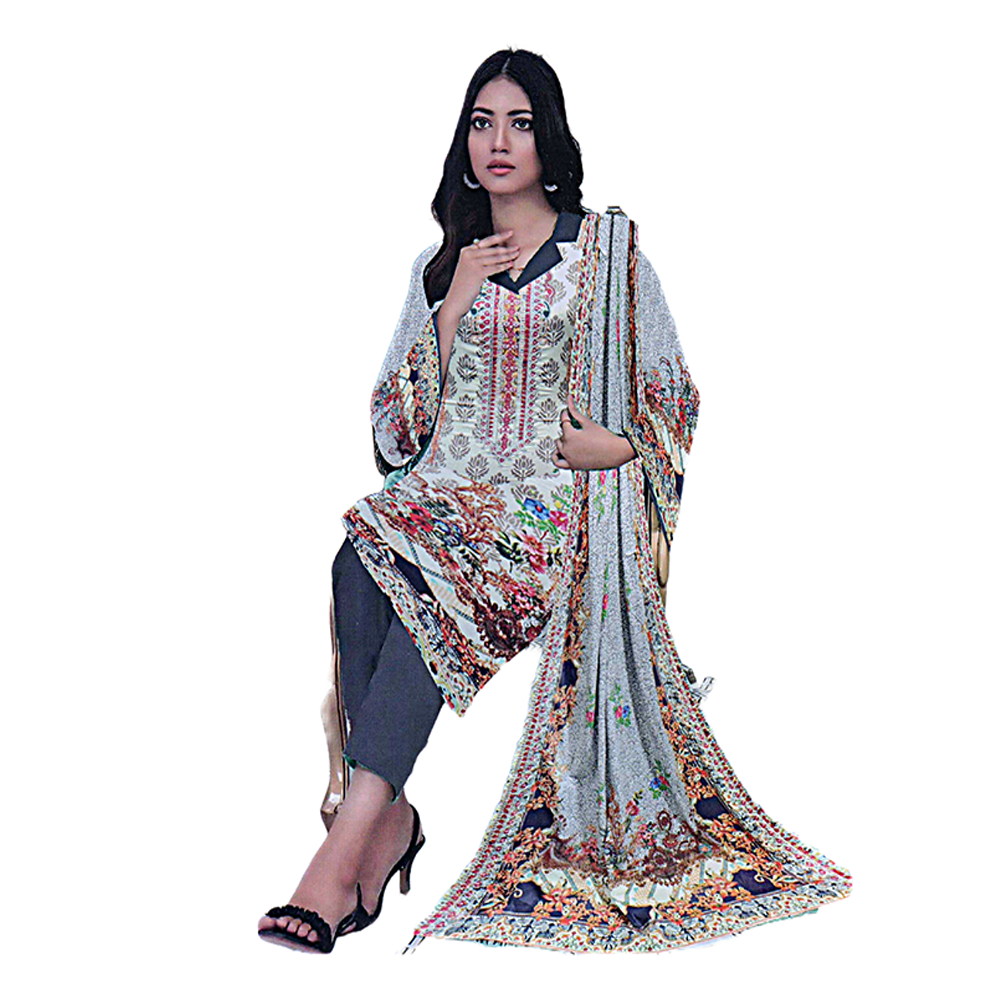 Mashaal Unstitched Embroidery Lawn Salwar Kameez for Women - Cream