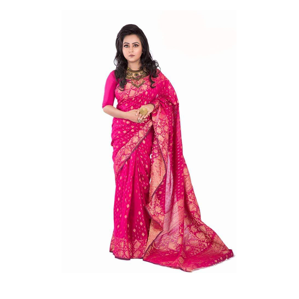 Half Silk Cotton Saree For Women - Deep Pink - A04