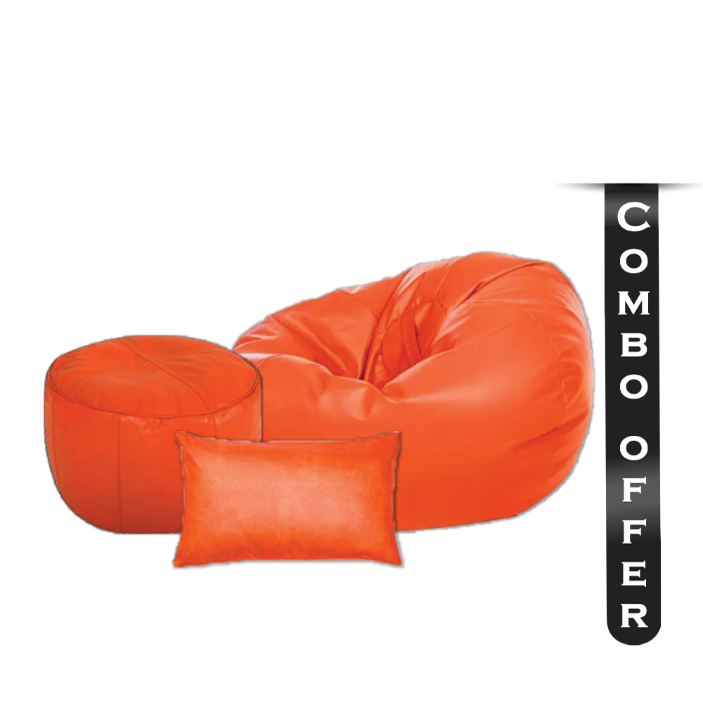 Combo of 3 Pcs Pumpkin Artificial Leather Beanbag With Footrest and Pillow - XXL - Orange