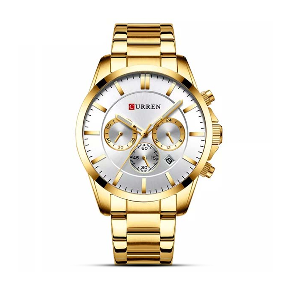 Curren 8358 Stainless Steel Wrist Watch for Men - Gold and White 