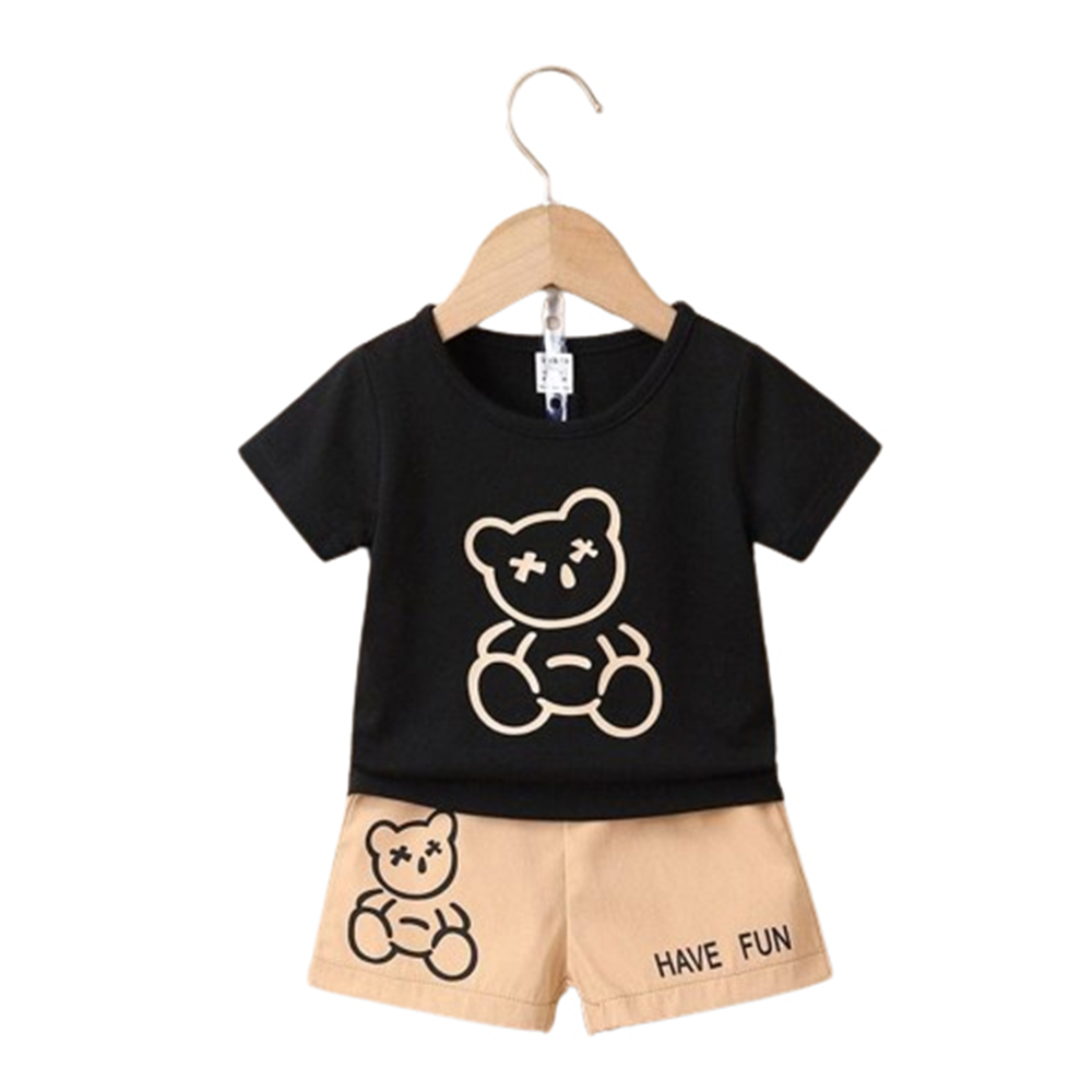 China Cotton T-Shirt and Half Pant Set For Kids - Black and Wheat - BM-29