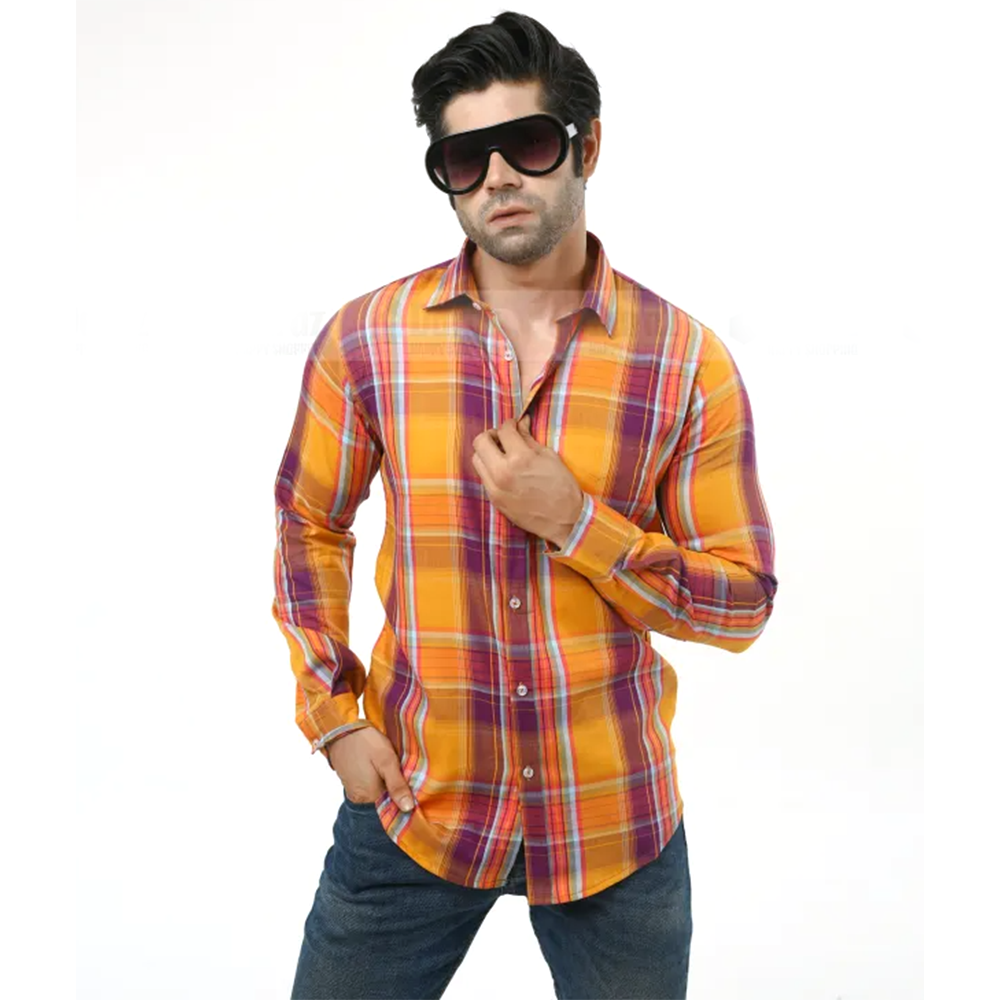 Cotton Full Sleeve Casual Check Shirt For Men - Meri Gold and Orange