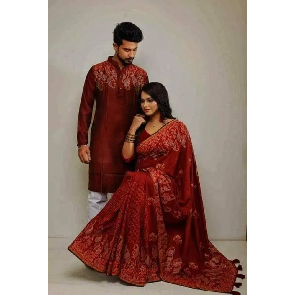 Half Silk Block Print Saree and Dhupian Cotton Panjabi Couple Set - Maroon - 356