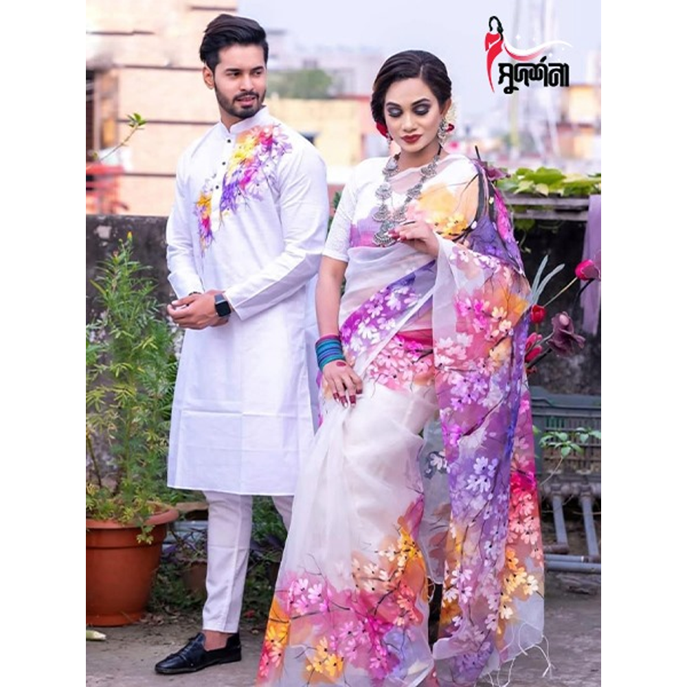 Dhupian Block Print Silk Saree Dhupian Silk Panjabi Couple Dress - White