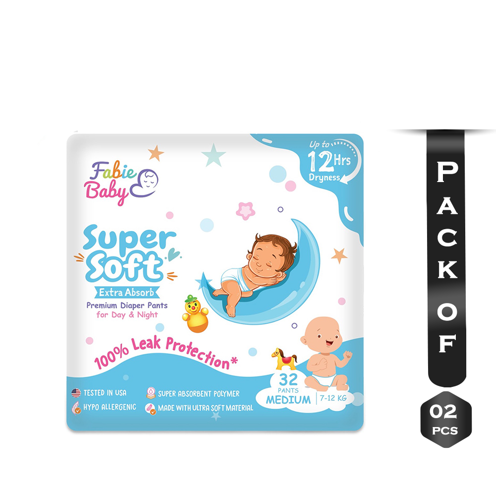 Pack Of 2 Fabie Baby Super Soft Extra Absorb Premium Diaper Pants Medium (7-12 Kg) - 32 Pants