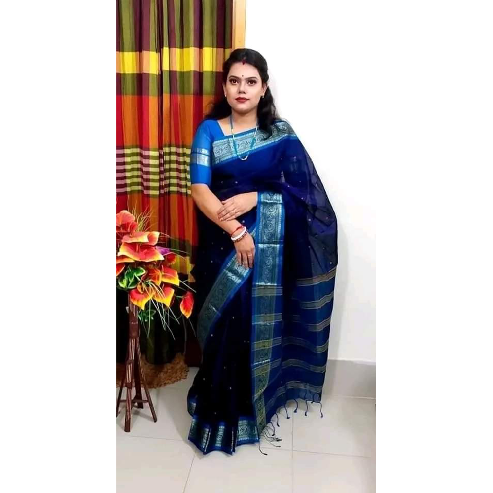 Mashlais Buti Cotton Saree with Blouse Piece For Women - Rayal Deep Blue - SP-M12