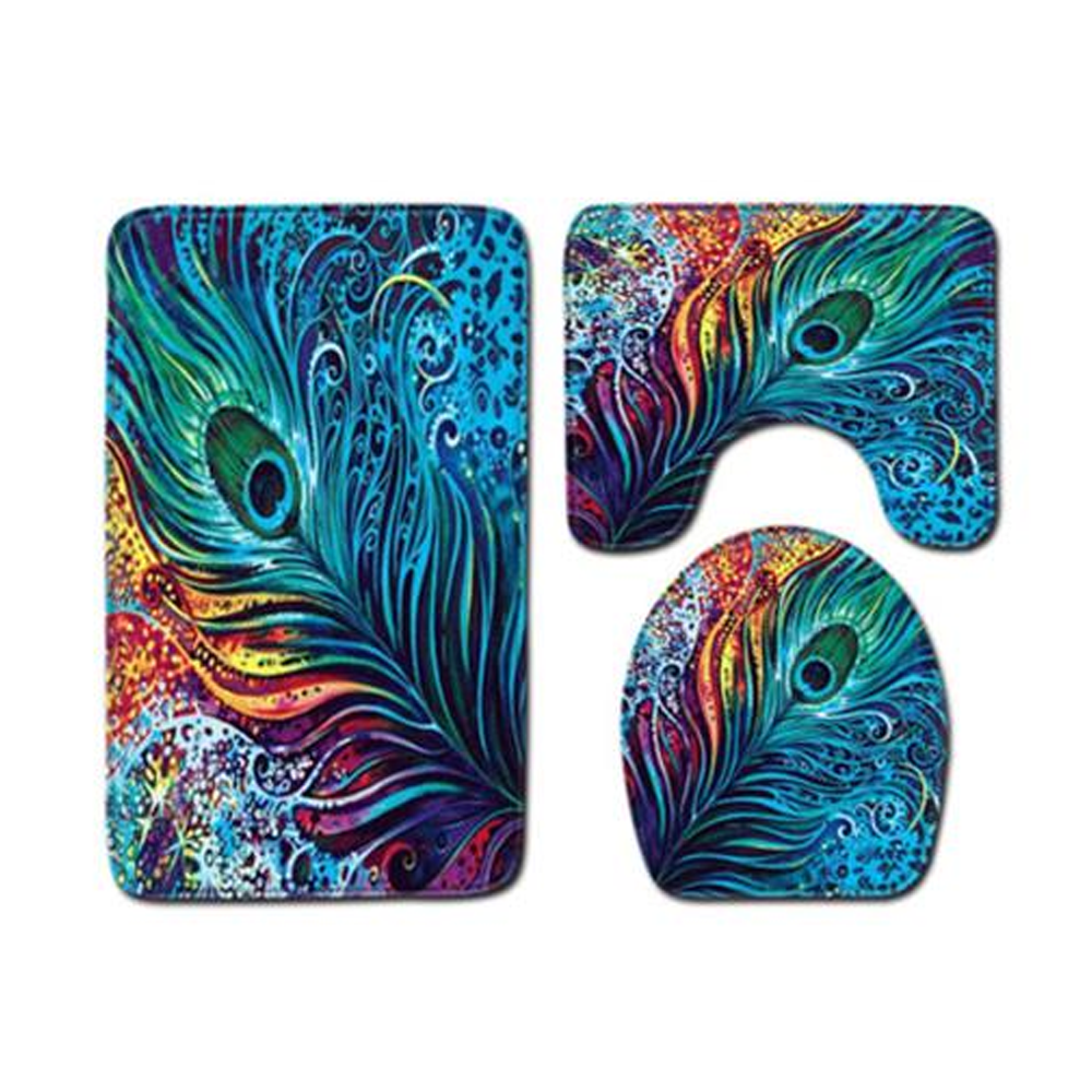 Polyester Fiber Peacock Pattern Toilet Mat Set - 3 Pcs - Multicolor