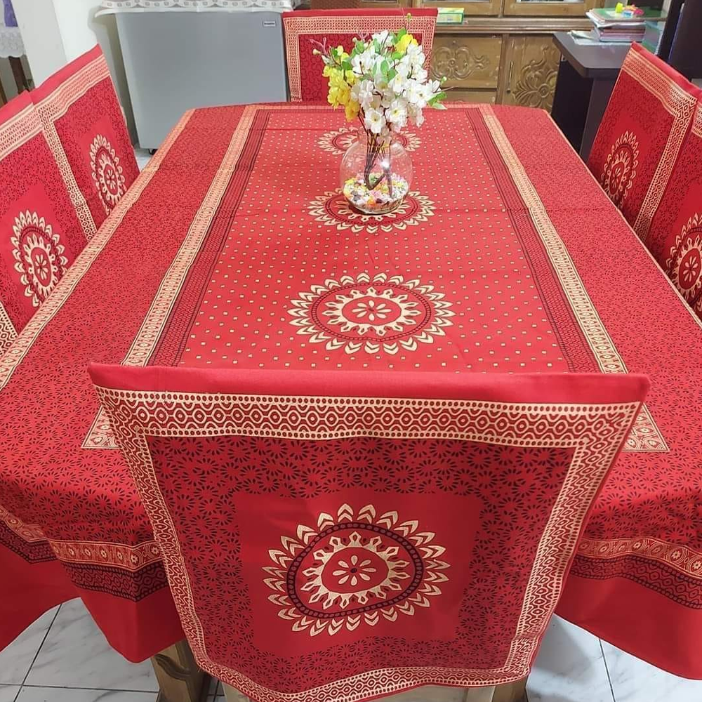 Cotton Screen Print Dining Table Runner - 6 Chair Cover - Red