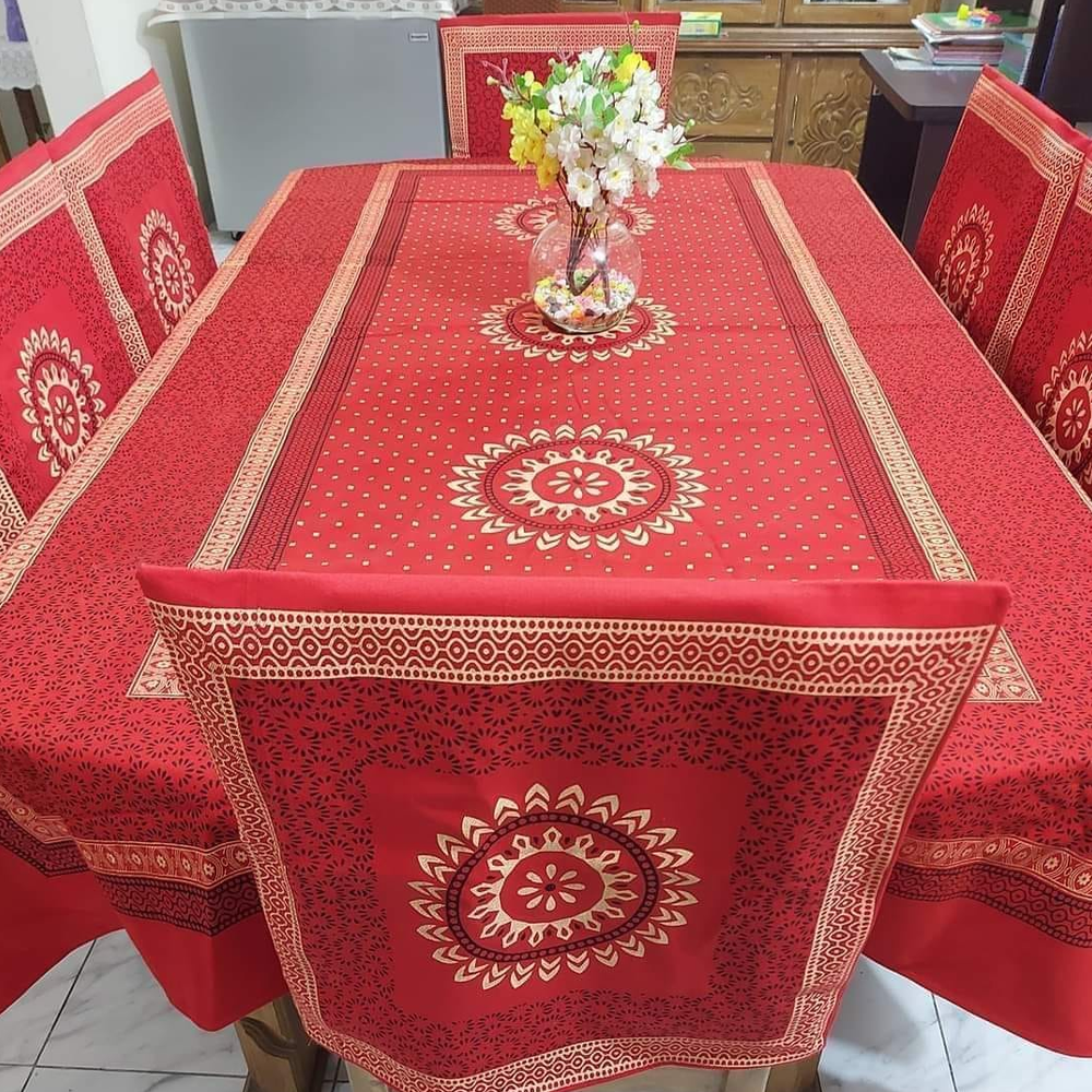 Cotton Screen Print Dining Table Runner 6 Chair Cover Red