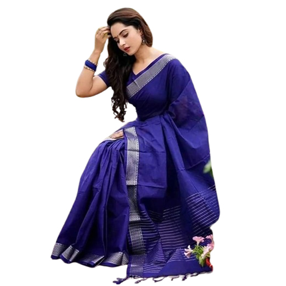 Cotton Saree with Blouse Piece For Women - Navy Blue - SP-C03