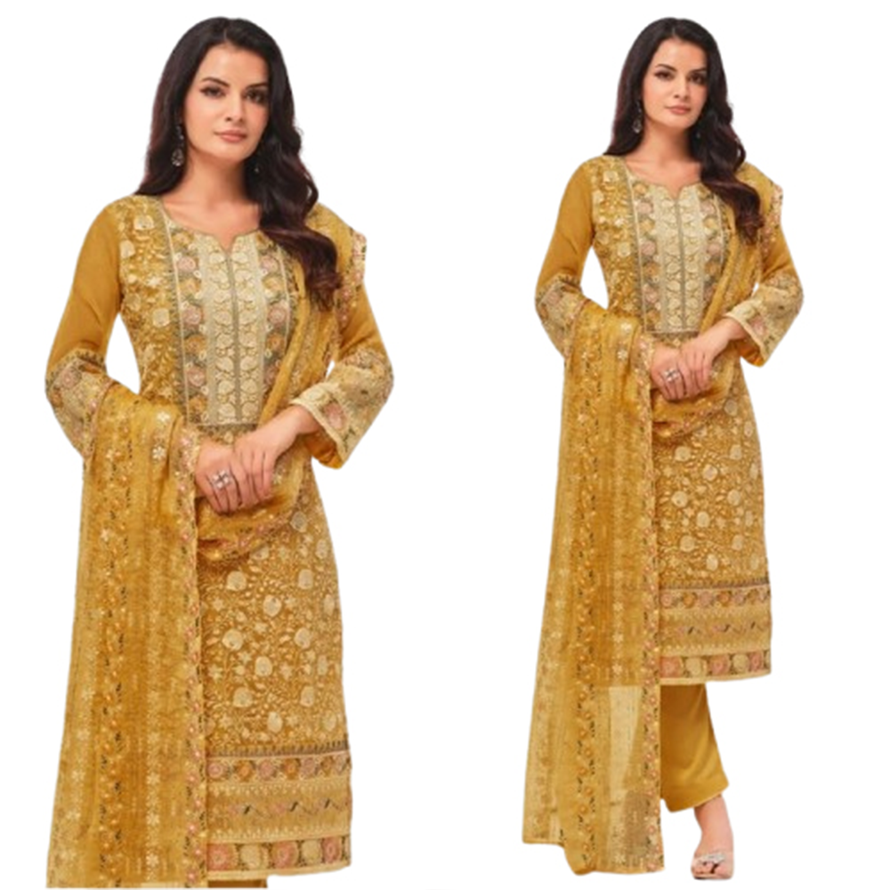 Unstitched Georgette Embroidery 4 Piece Salwar Kameez For Women - Olive - 4F-H1