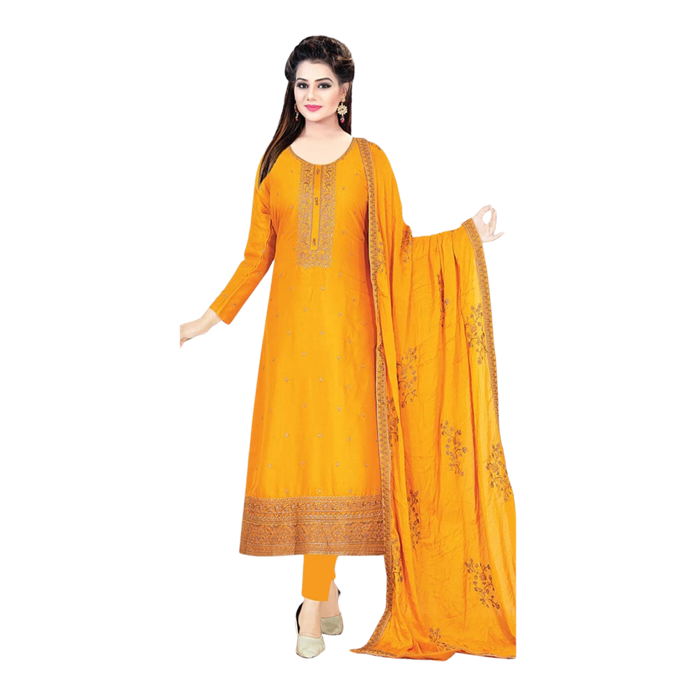 Unstitched Embroidery Cotton Salwar Kameez For Women - Orange