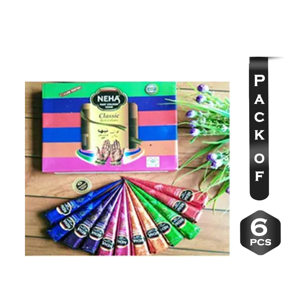 Pack of 06 Pcs Neha Fast Color Herbal Cone Mehedi - Multicolor