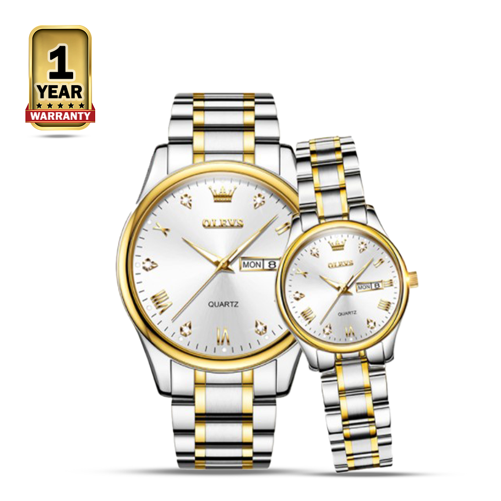 OLEVS 5563 Stainless Steel Analog Wrist Watch For Couple - White and Golden